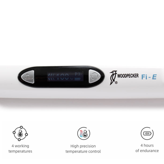 Key features of Woodpecker Endo Fi-E cordless gutta percha obturation system including cordless design fast heating and precise temperature control - JMU DENTAL INC