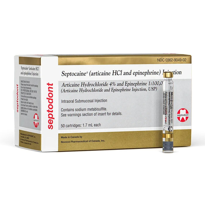 Septocaine Articaine HCL 4% with Epinephrine 1:100,000 Cartridges 50/Box 1.7 mL - JMU Dental