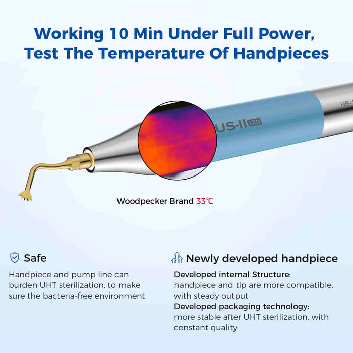 Woodpecker US-II LED ultrasonic piezo bone cutter handpiece temperature test showing safe operation under full power - JMU Dental INC